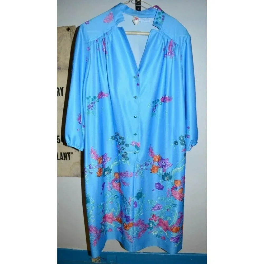 Vintage 1960/70's Lorac Lady Carol Belted Blue Floral Polyester Dress Large